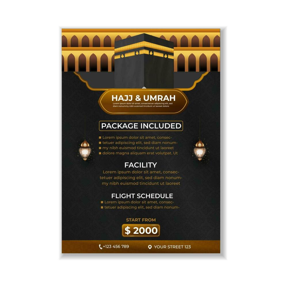 tour hajj et umrah brochure modèle vecteur conception avec réaliste kaaba pour islamique arrière-plan, prospectus, bannière