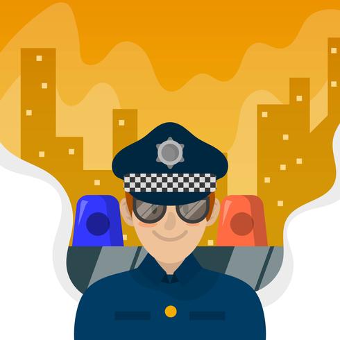 Flat Police Officer avec City Background Vector Illustration