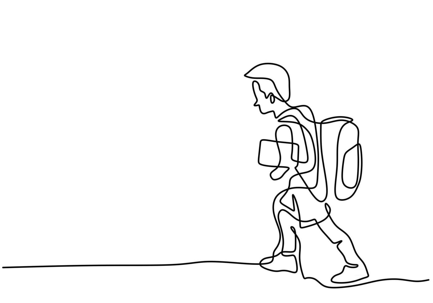 dessin au trait continu heureux petit garçon marchant dans la rue avec sac à dos vecteur