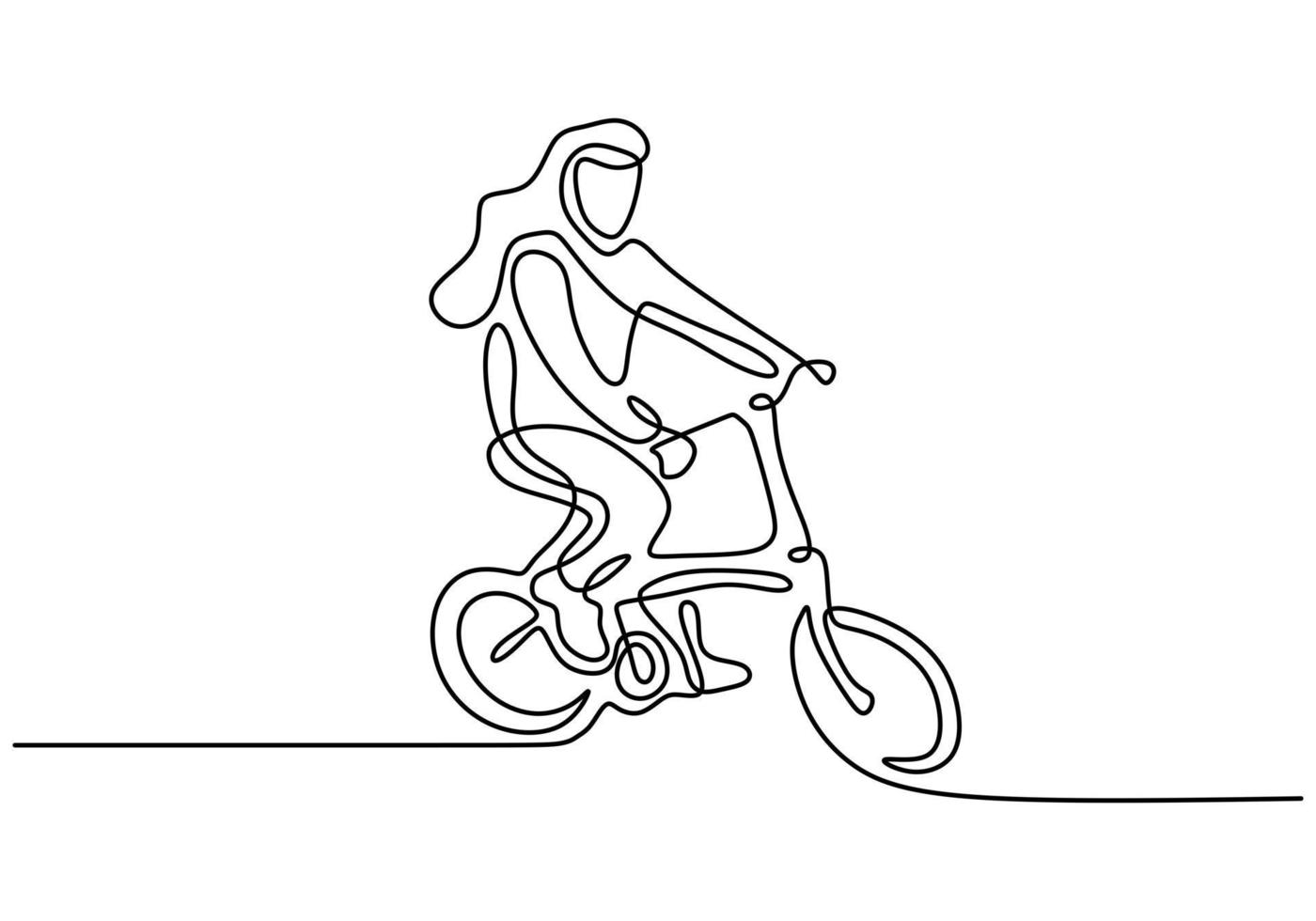 Dessin au trait continu d'une femme heureuse à vélo vélo plié vecteur