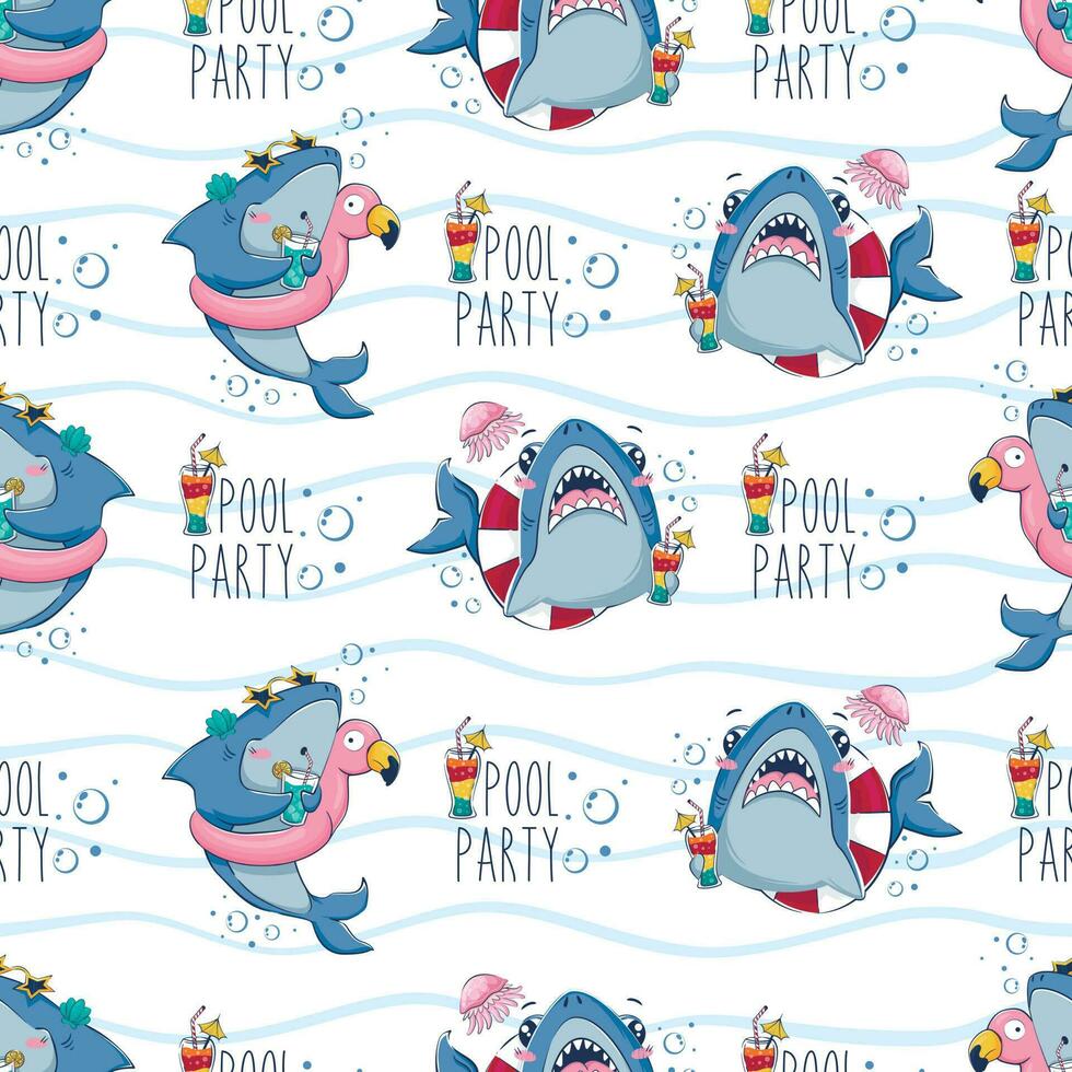 sans couture modèle avec dessin animé les requins avec des cocktails et gonflable cercles parmi le mer vagues et le une inscription bassin fête dans une plat style. vecteur