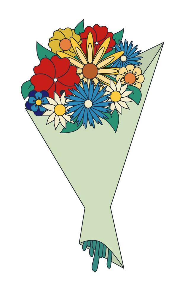 dessin animé rétro style isolé bouquet de stylisé fleurs. vecteur unique contour composition sur blanc Contexte. idéal pour poste, affiche, Contexte.