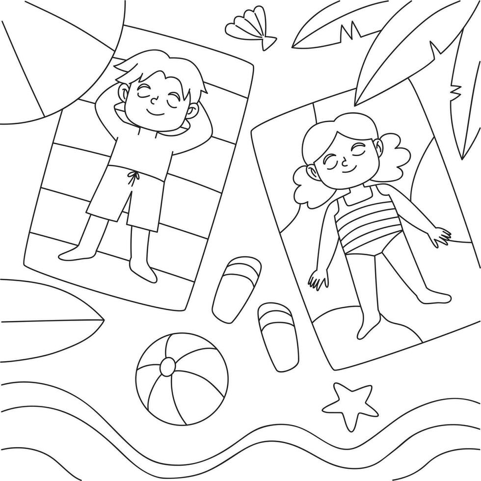 des gamins bain de soleil à le plage coloration page vecteur illustration