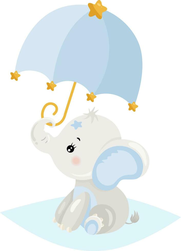 bébé garçon l'éléphant avec bleu parapluie vecteur