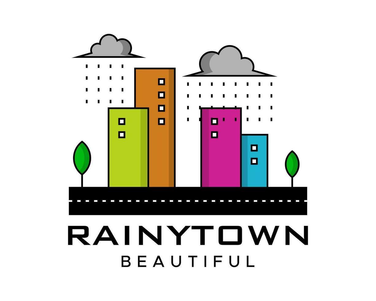 magnifique petit ville paysage avec pluvieux temps logo conception. vecteur