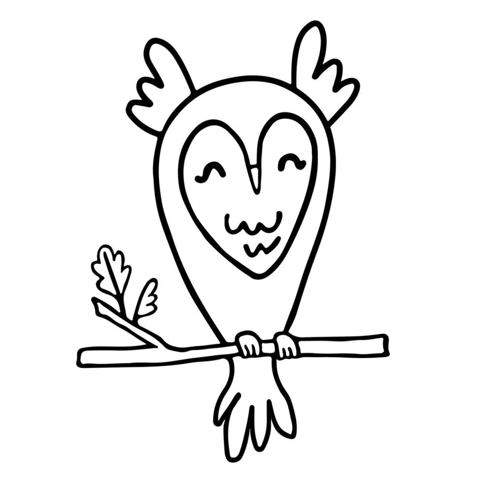 main tiré ligne art de mignonne hibou siège sur branche dans griffonnage style vecteur