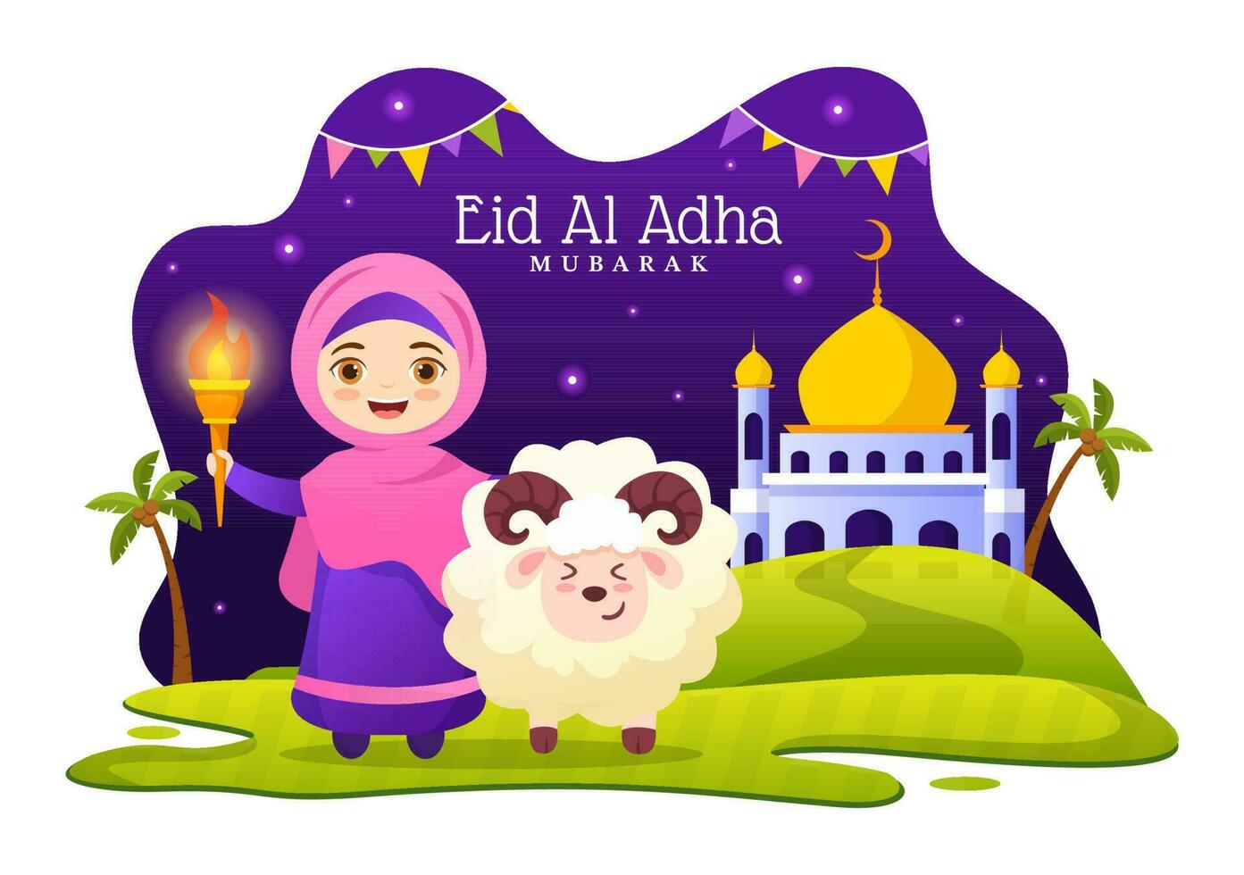 content eid Al adha mubarak vecteur illustration de des gamins les musulmans fête avec sacrificiel animaux chèvre et vache dans dessin animé main tiré modèles