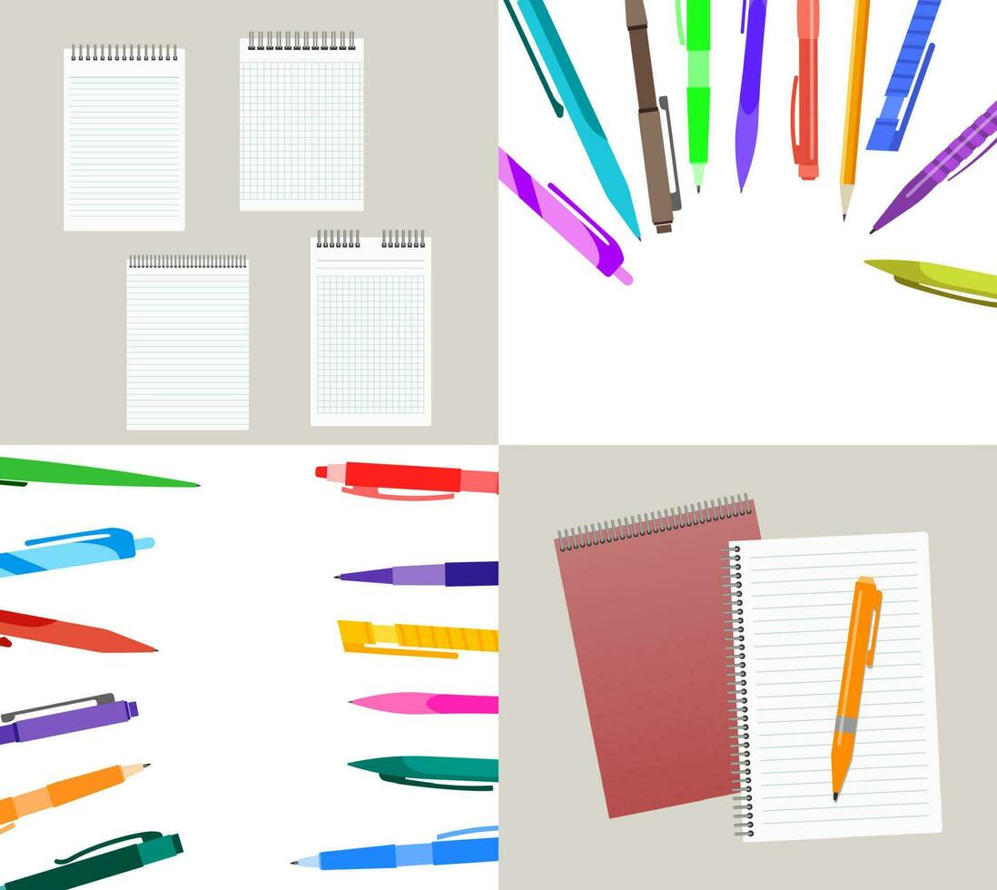 ensemble de quatre vecteur illustration avec des cahiers, des stylos et des crayons.