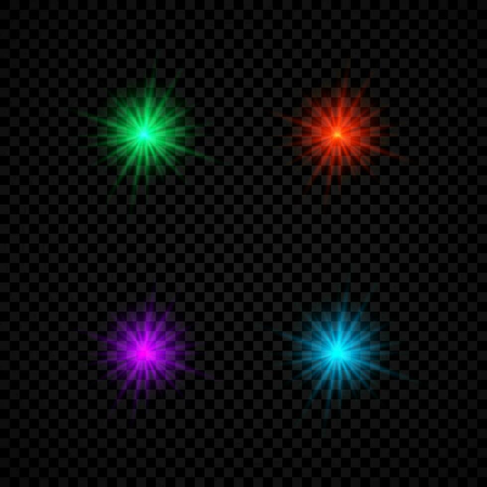 lumière effet de lentille fusées éclairantes. ensemble de quatre vert, rouge, violet et bleu embrasé lumières starburst effets avec scintille vecteur