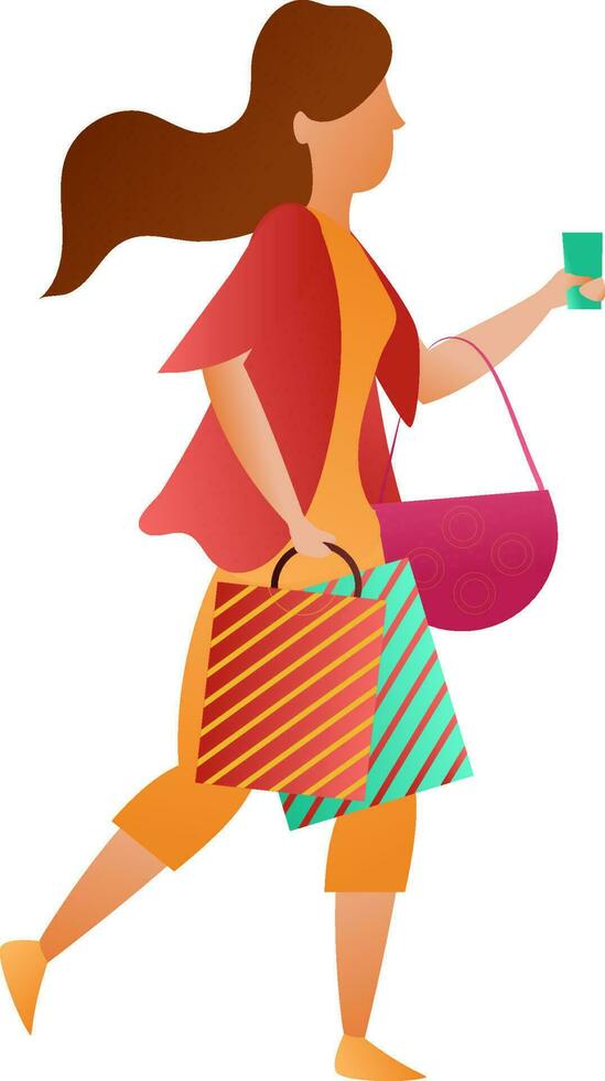 Jeune fille en portant achats sac dans en marchant pose. vecteur
