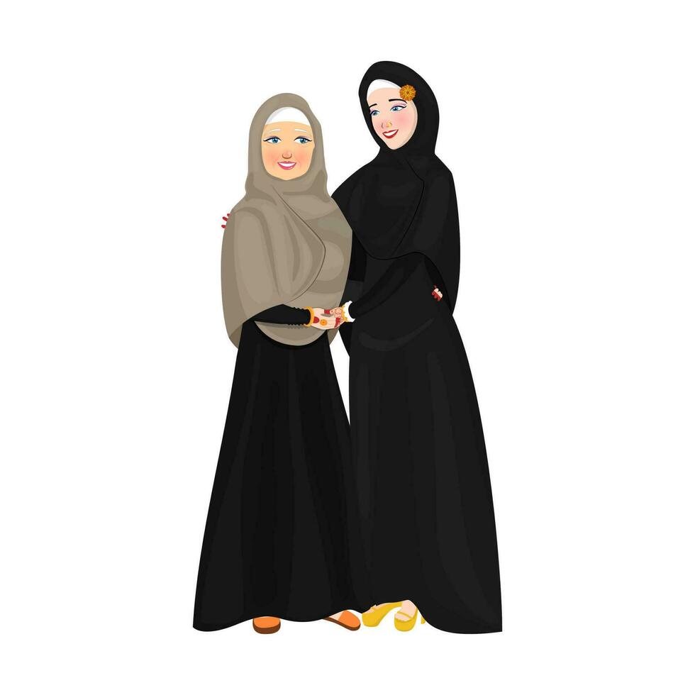 personnage de une de bonne humeur musulman femmes étreindre chaque autre et portant islamique traditionnel vêtements. vecteur