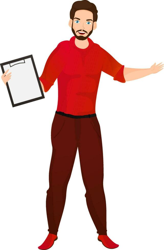 illustration de barbu homme personnage et en portant une presse-papiers papier sur blanc Contexte. vecteur