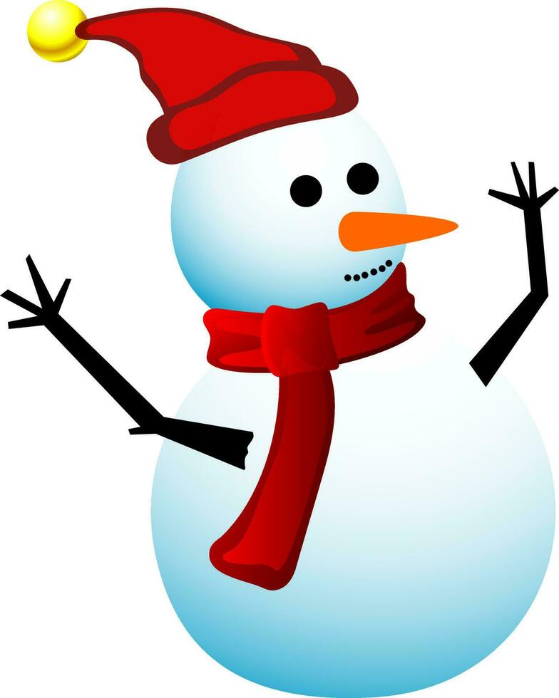 mignonne bonhomme de neige dans rouge chapeau et foulard. vecteur