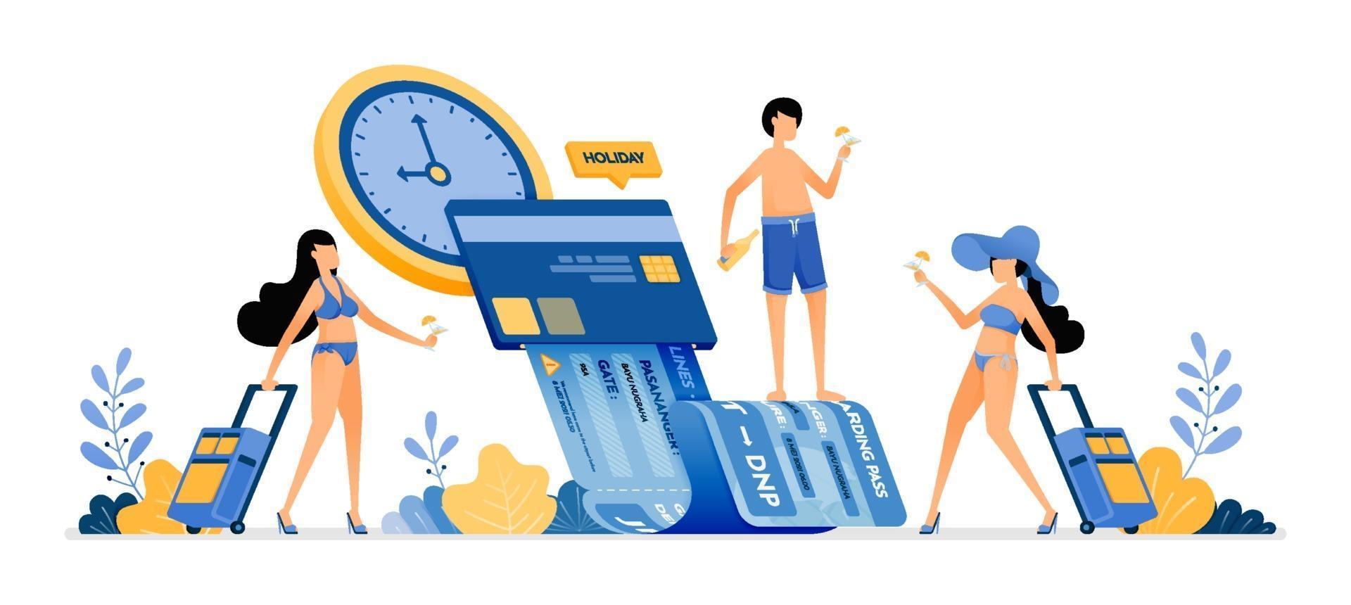 les gens choisissent l'heure et la date pour acheter des billets de vacances d'été avec des applications mobiles le paiement des factures de vacances par illustration de carte de crédit peut être utilisé pour la brochure d'affiche Web de site Web de bannière de page de destination vecteur