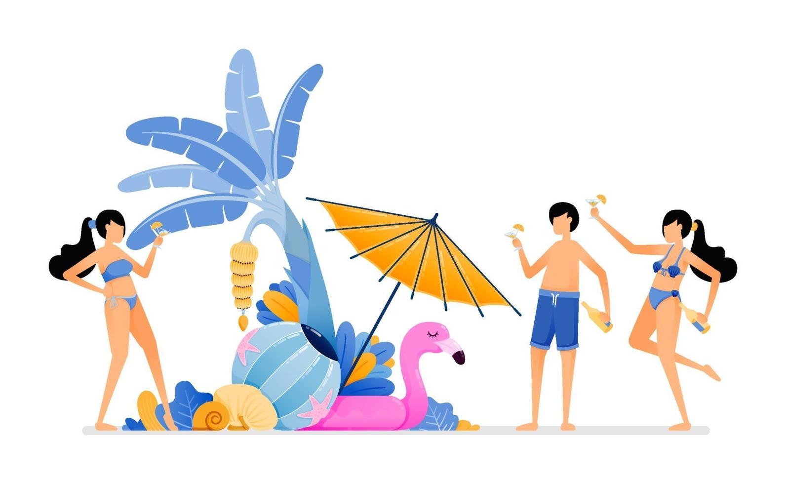 les gens en vacances à la plage de lîle tropicale touristique profitant de la fête dans la plage de beauté maldives pendant les vacances d & # 39; été illustration peut être utilisé pour la page de destination bannière site web affiche brochure vecteur