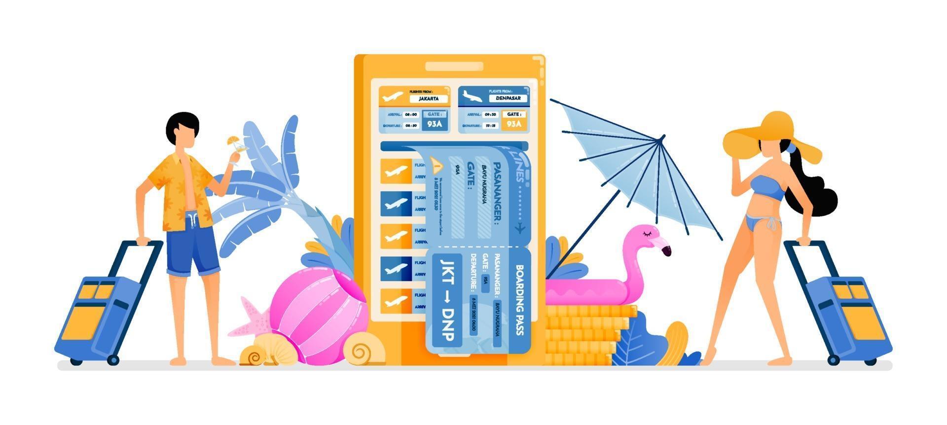 les gens choisissent des billets d'avion pour les pays tropicaux pour les vacances d'été applications mobiles pour acheter des billets d'avion illustration peut être utilisée pour la page de destination vecteur