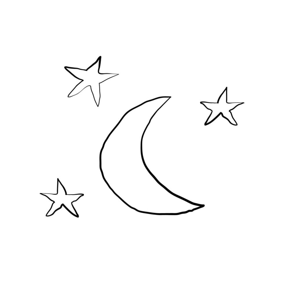 Facile coloration livre pour des gamins lune et étoiles. vecteur linéaire stylisé image pour la créativité pour les enfants. isolé sur une blanc Contexte.