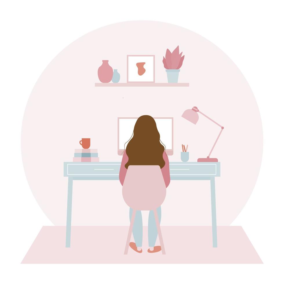 jeune femme travaillant à son bureau à domicile plat illustration vecteur