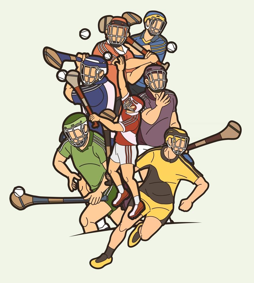dessin animé, hurling, sport, équipe joueurs, action vecteur