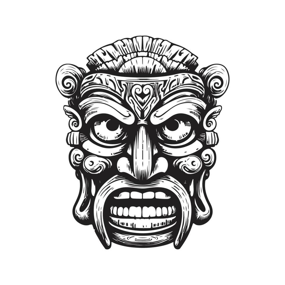 hawaïen tiki en bois diriger, ancien logo ligne art concept noir et blanc couleur, main tiré illustration vecteur