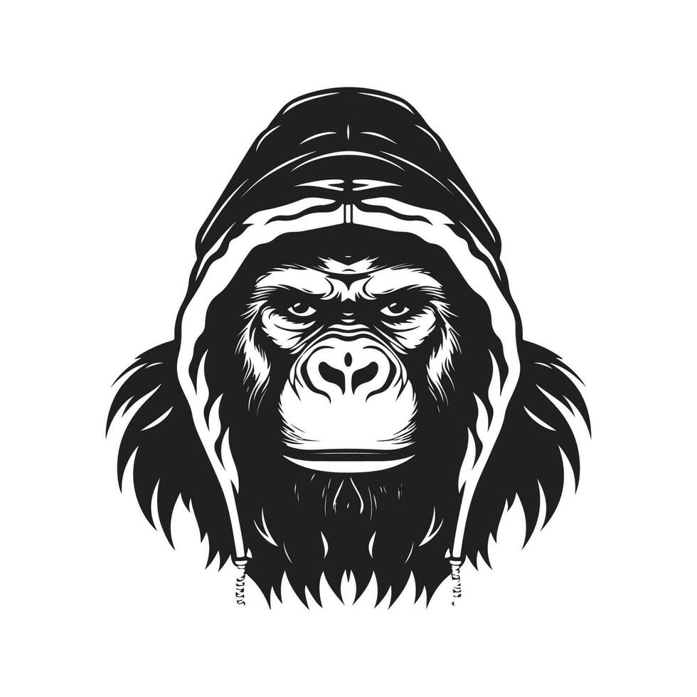 gorille portant sweatshirt à capuche, ancien logo ligne art concept noir et blanc couleur, main tiré illustration vecteur