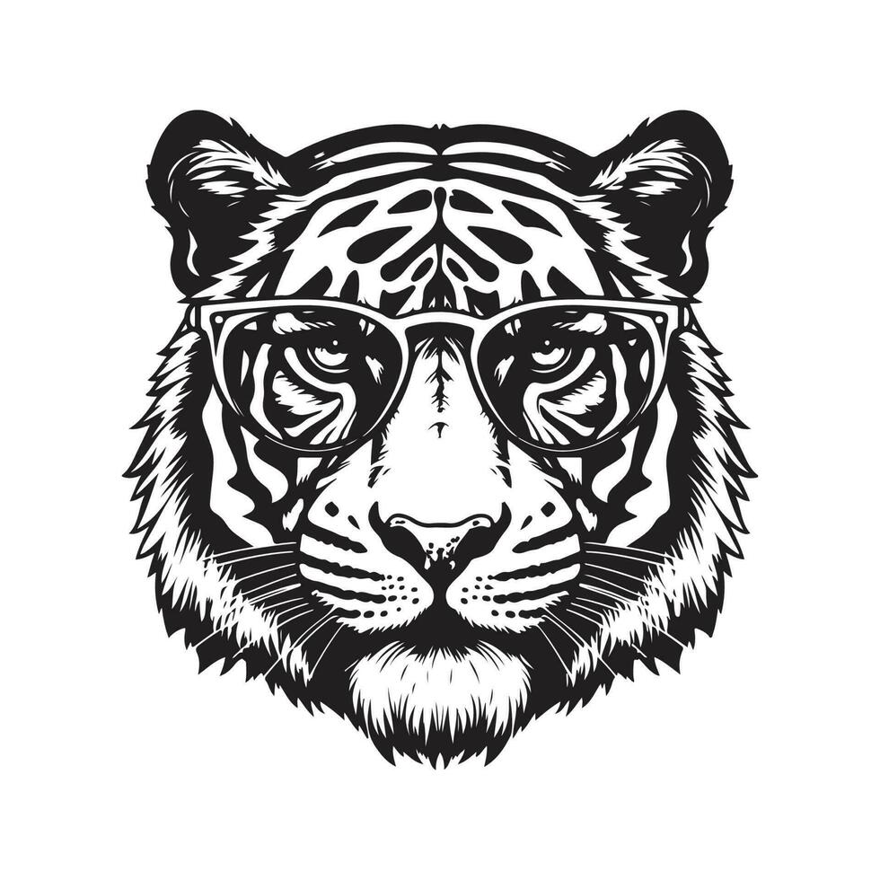 tigre tête portant des lunettes de soleil, ancien logo ligne art concept noir et blanc couleur, main tiré illustration vecteur