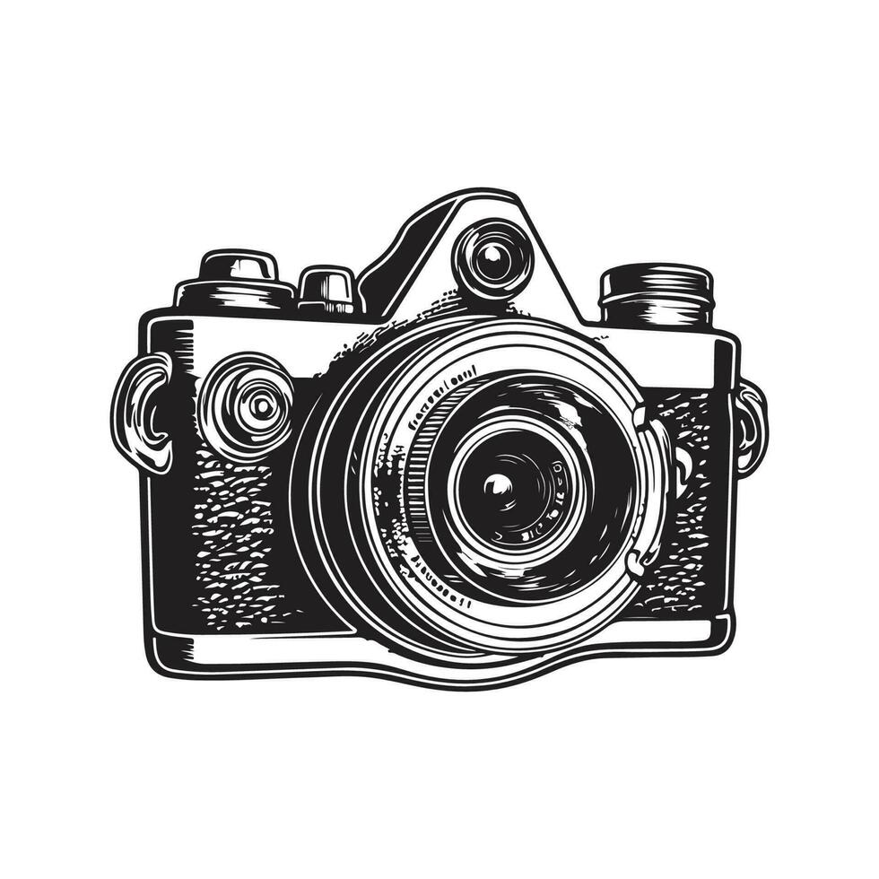 caméra, ancien logo ligne art concept noir et blanc couleur, main tiré illustration vecteur