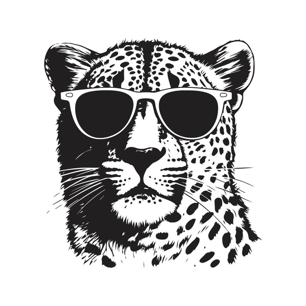 guépard portant des lunettes de soleil, ancien logo ligne art concept noir et blanc couleur, main tiré illustration vecteur