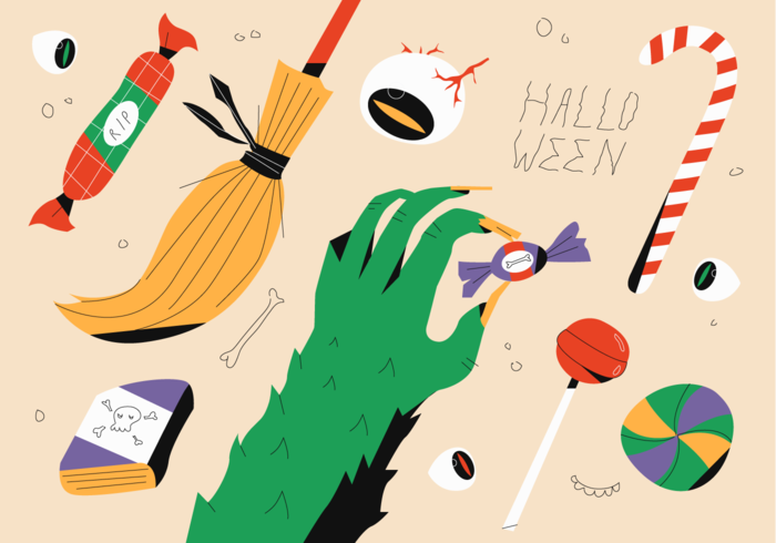 Monstre et sorcière célèbrent Halloween Party Candy Vector Illustration