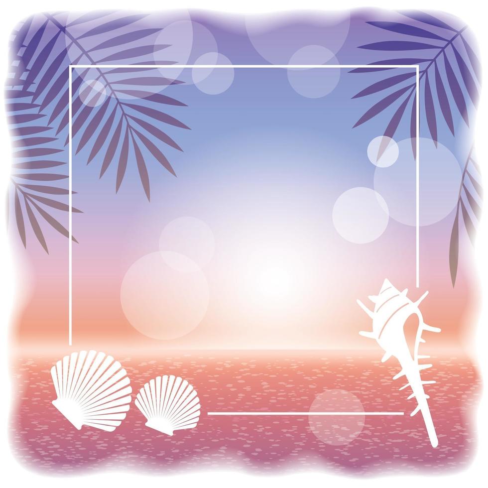 fond de vecteur carré coucher de soleil océan avec silhouette de feuilles de palmier et crustacés