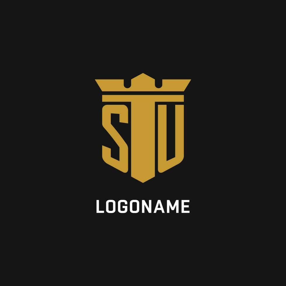 su initiale logo avec bouclier et couronne style vecteur