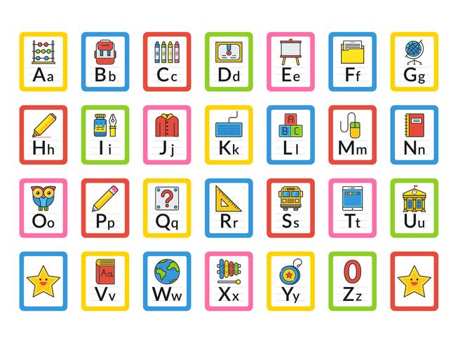 Cartes Flash Alphabet sur le thème de l'école vecteur