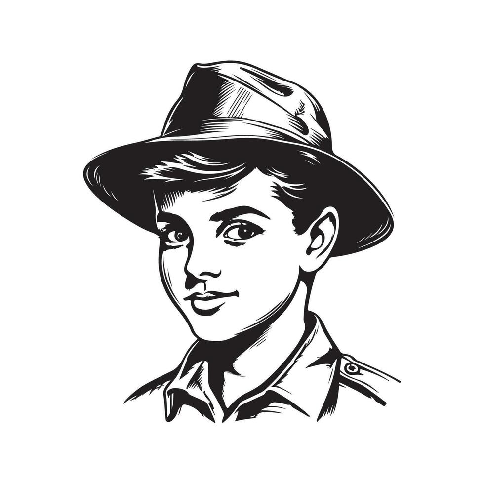enfant dans garçon scout chapeau, ancien logo ligne art concept noir et blanc couleur, main tiré illustration vecteur