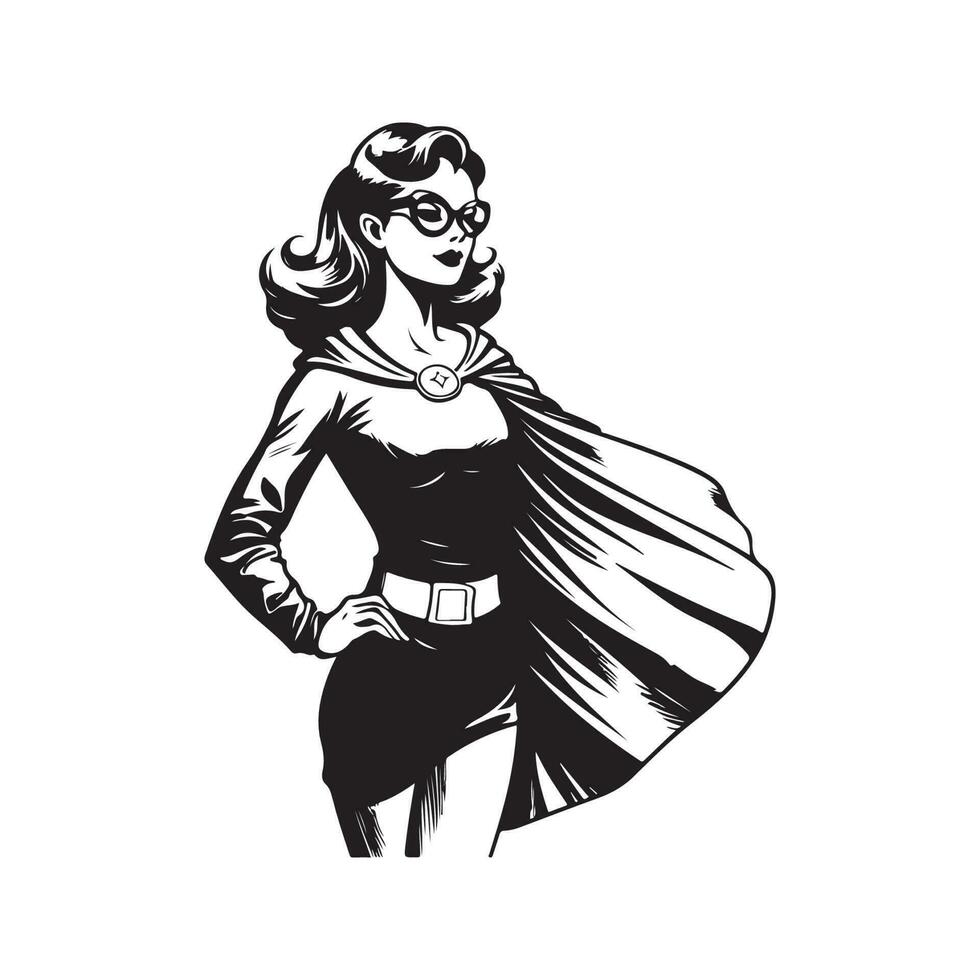 femelle super-héros, ancien logo ligne art concept noir et blanc couleur, main tiré illustration vecteur