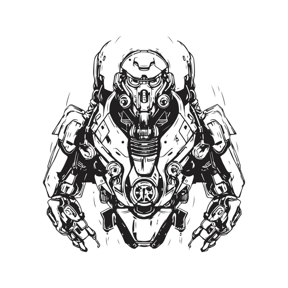 science fiction militaire robot guerrier, ancien logo ligne art concept noir et blanc couleur, main tiré illustration vecteur