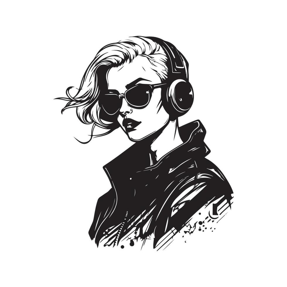 mode cyberpunk fille, ancien logo ligne art concept noir et blanc couleur, main tiré illustration vecteur