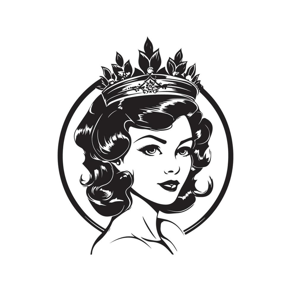 juste reine, ancien logo ligne art concept noir et blanc couleur, main tiré illustration vecteur