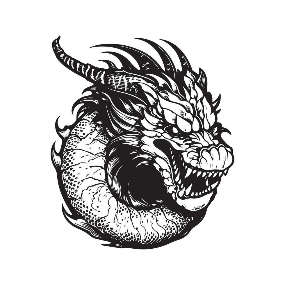 dangereux dragon, ancien logo ligne art concept noir et blanc couleur, main tiré illustration vecteur