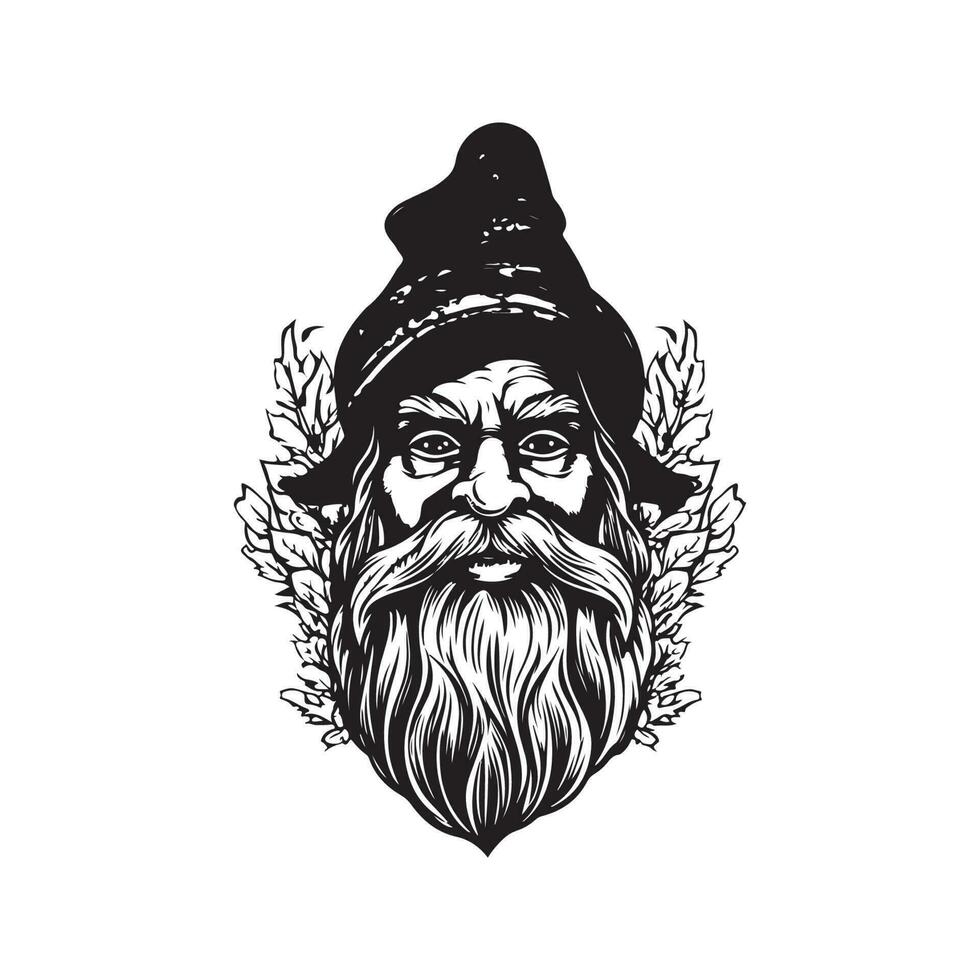 gnome barbu, ancien logo ligne art concept noir et blanc couleur, main tiré illustration vecteur