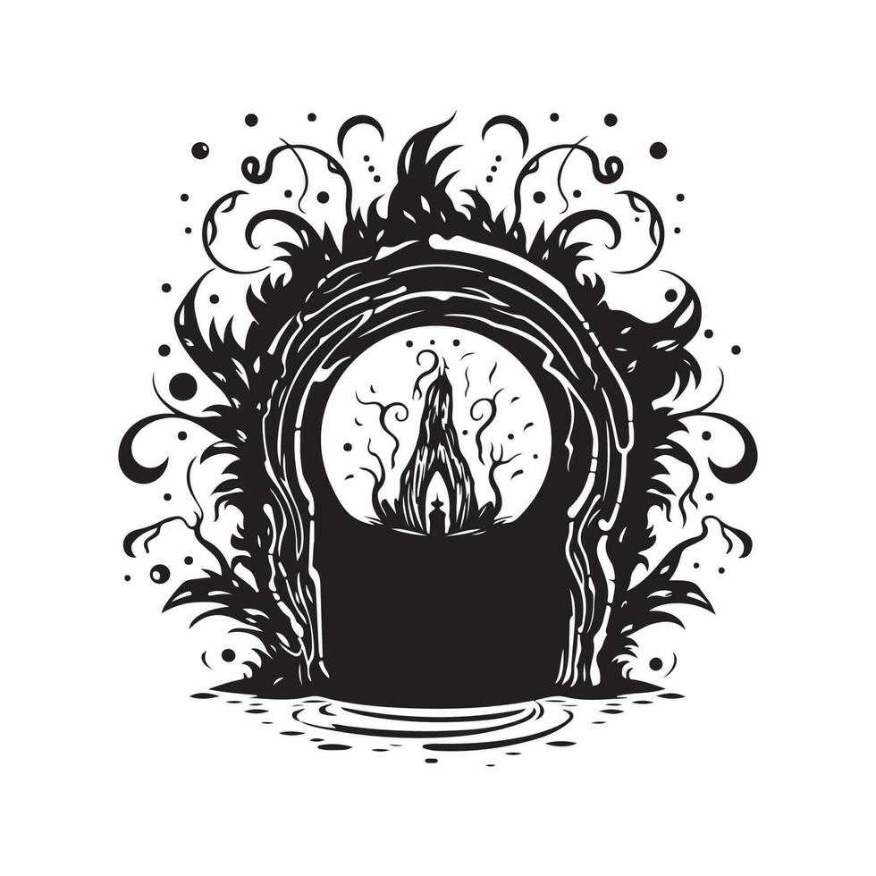 la magie portail, ancien logo ligne art concept noir et blanc couleur, main tiré illustration vecteur