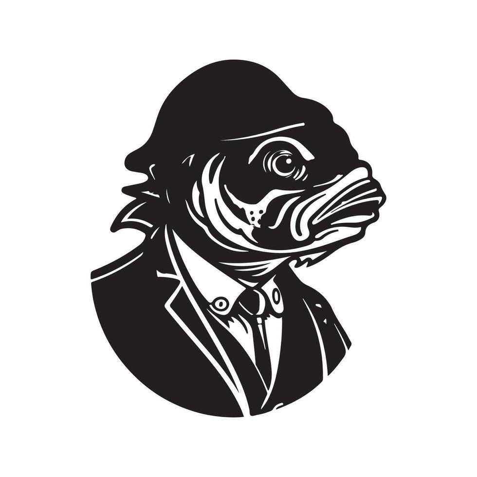anthropomorphe poisson, ancien logo ligne art concept noir et blanc couleur, main tiré illustration vecteur