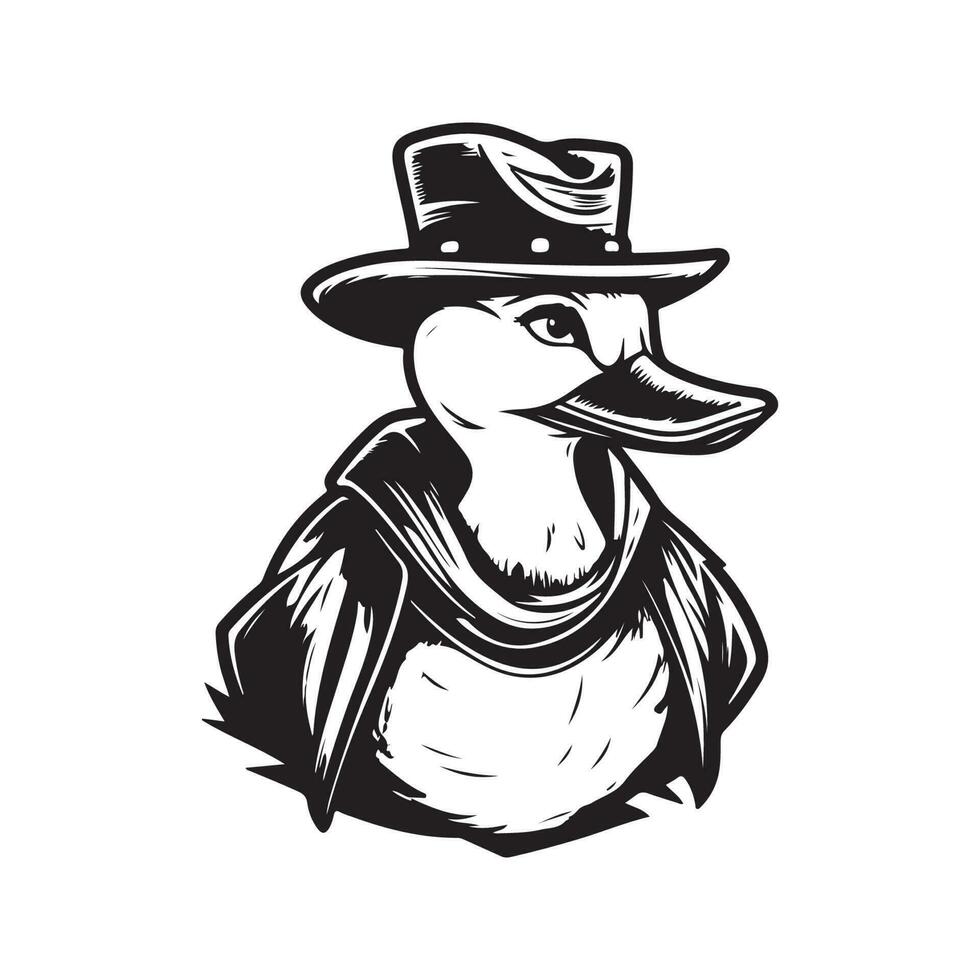 cow-boy canard, ancien logo ligne art concept noir et blanc couleur, main tiré illustration vecteur