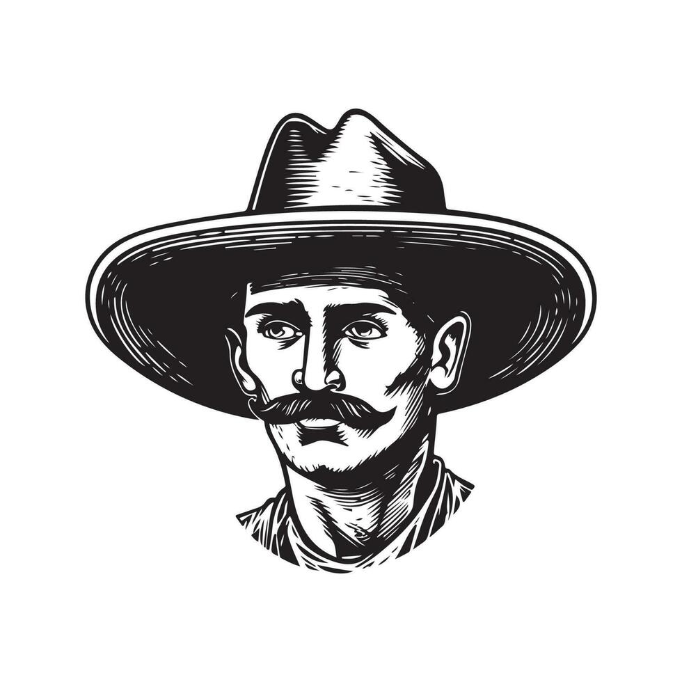 homme portant sombrero chapeau, ancien logo ligne art concept noir et blanc couleur, main tiré illustration vecteur