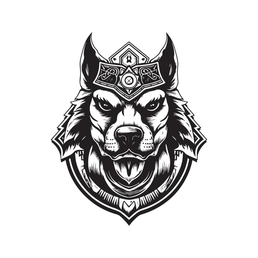 chien guerrier, ancien logo ligne art concept noir et blanc couleur, main tiré illustration vecteur