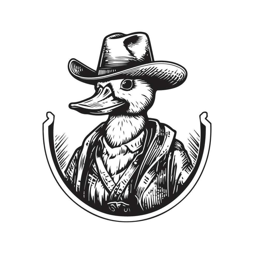 cow-boy canard, ancien logo ligne art concept noir et blanc couleur, main tiré illustration vecteur