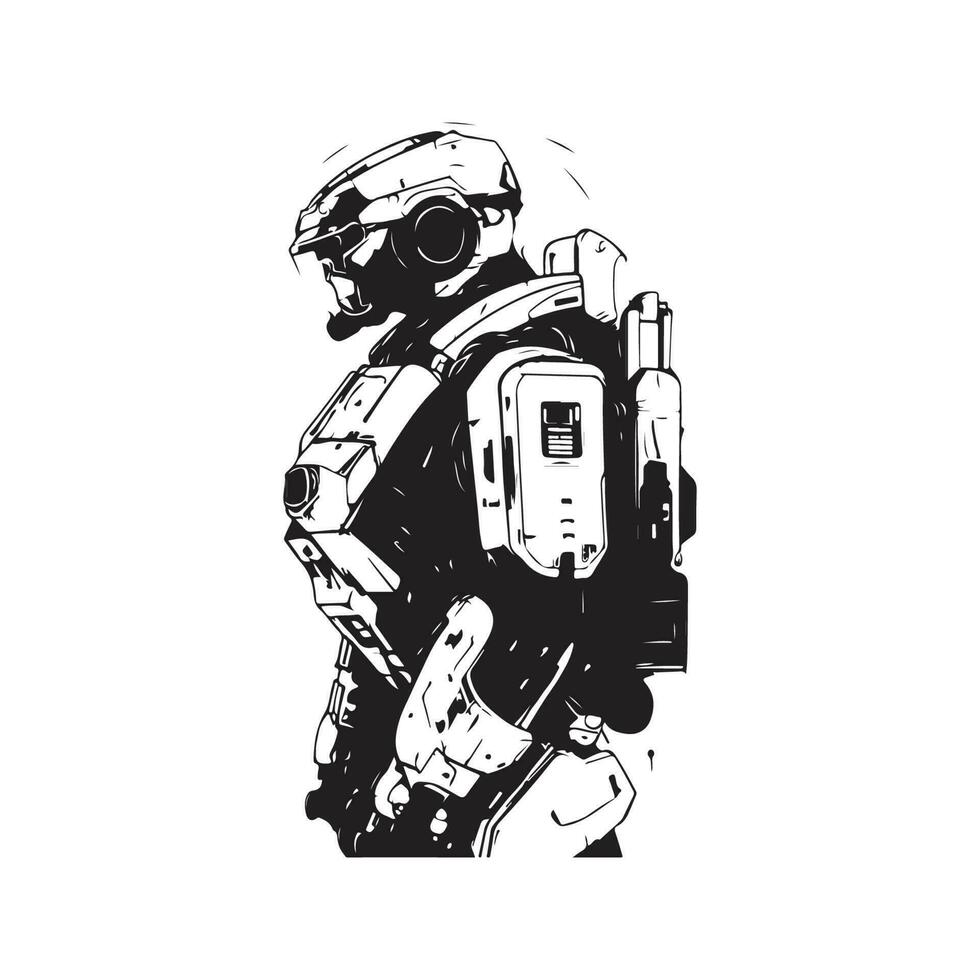 science fiction militaire robot guerrier, ancien logo ligne art concept noir et blanc couleur, main tiré illustration vecteur