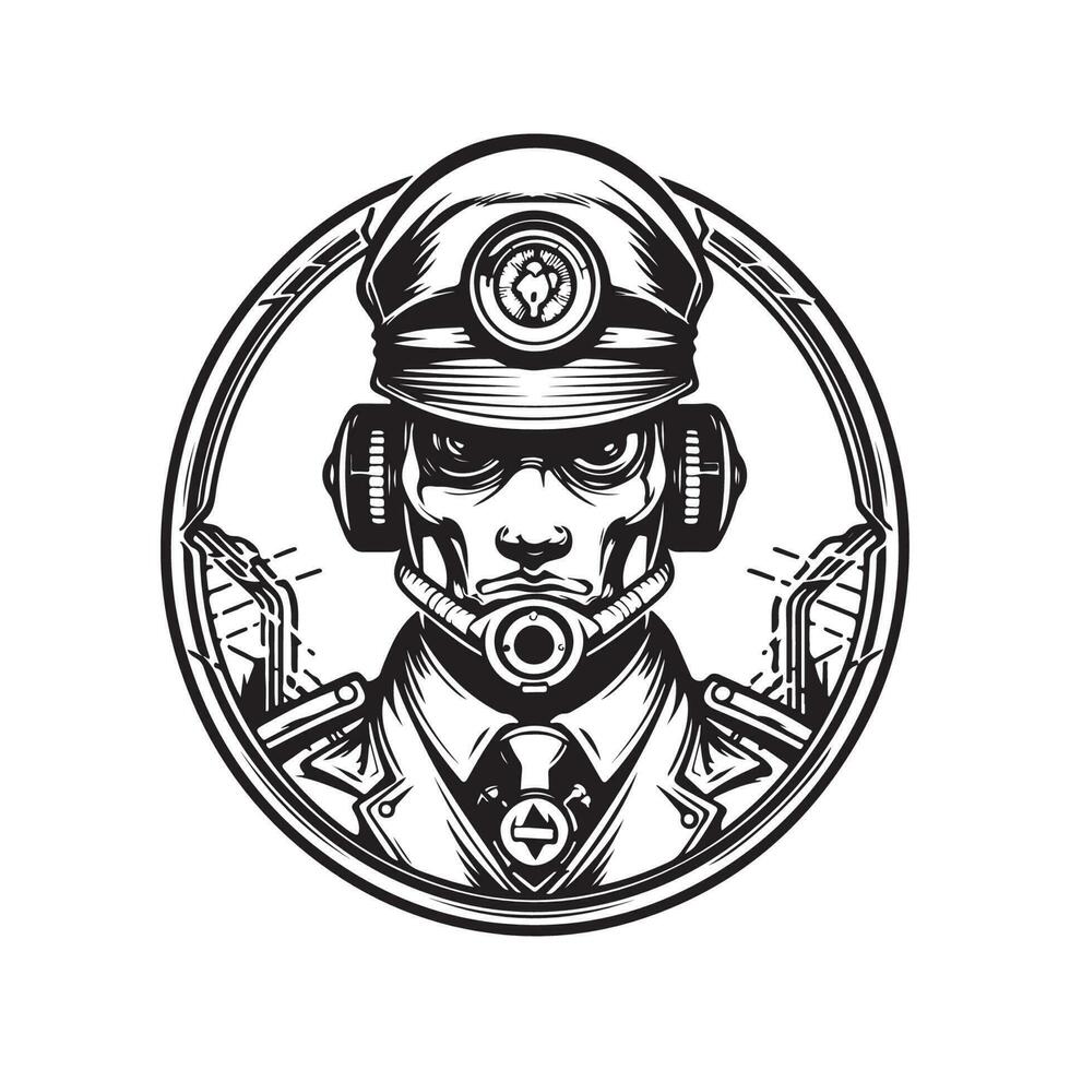 cyborg médical, ancien logo ligne art concept noir et blanc couleur, main tiré illustration vecteur