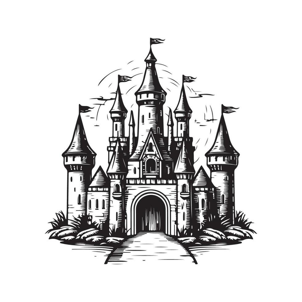 médiéval château, ancien logo ligne art concept noir et blanc couleur, main tiré illustration vecteur