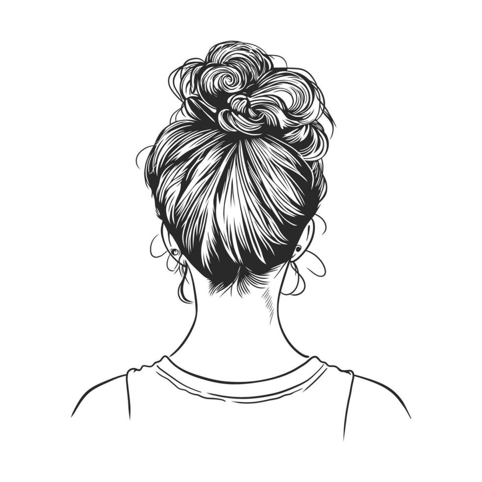 femmes désordonné chignon coiffure vu de derrière, main tiré ligne art illustration vecteur