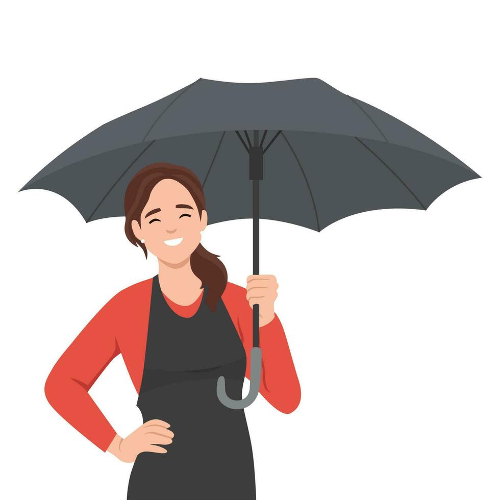 affaires femme souriant sur le pluie en dessous de parapluie après travail vecteur
